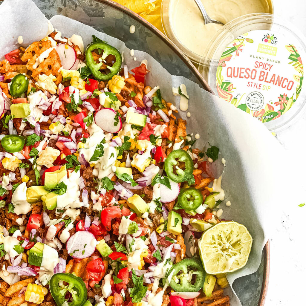 Loaded Sweet Potato Fries with Spicy Queso Blanco
