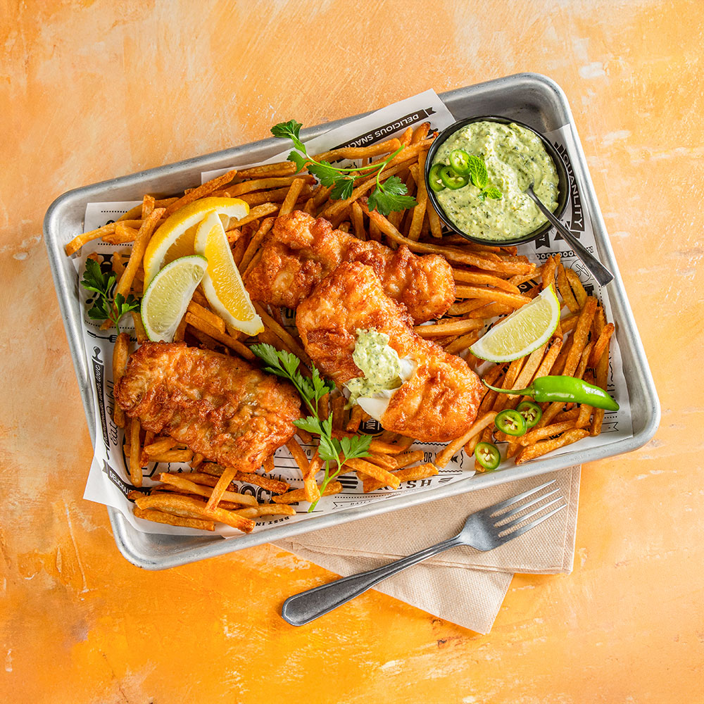Beer-Battered Crispy Cod with Aji Verde, Cotija & Lime