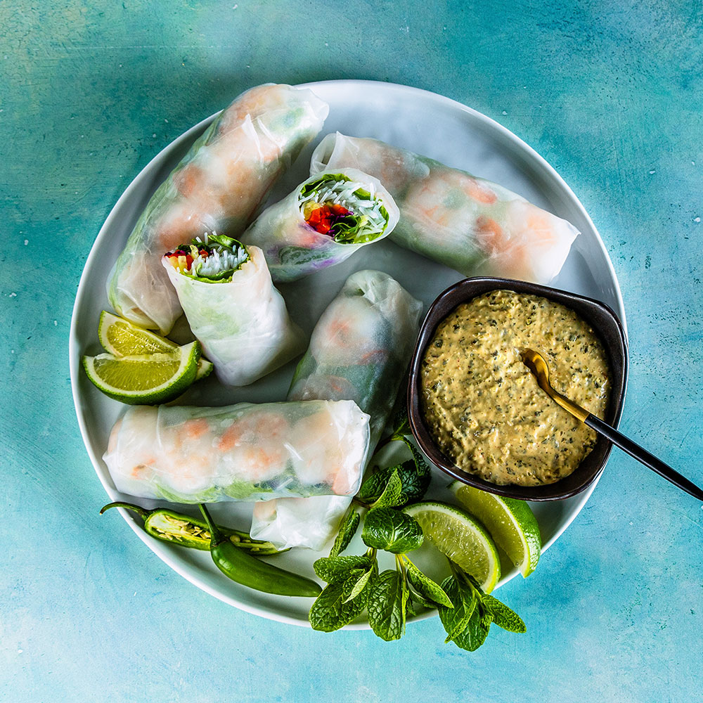 Vietnamese Summer Rolls with Poached Shrimp & Creamy Fire Chimichurri